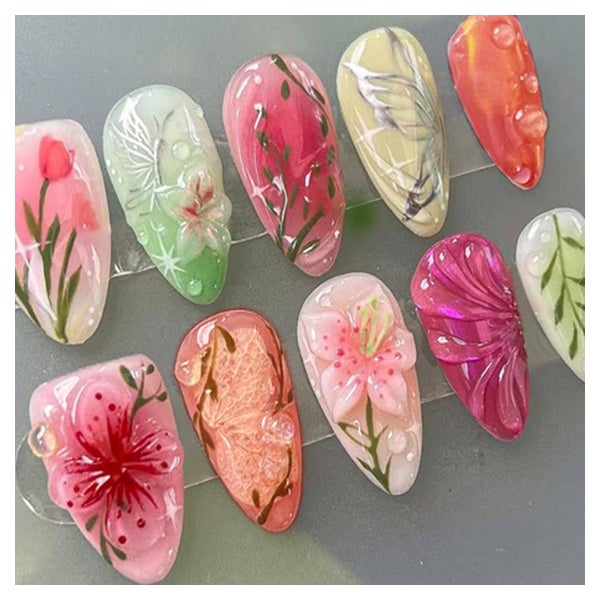 Kunstnägel 24PCS Mandel French Oval Goldfaden Pink 1 St