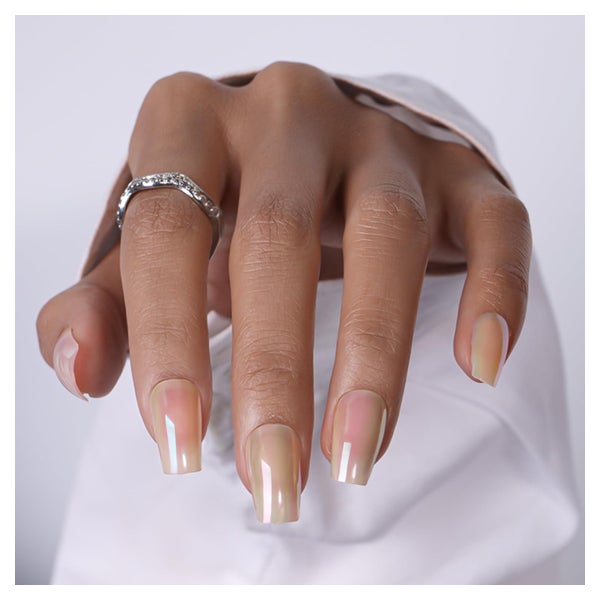 Press On Nägel Lange Sarg Eckig Glitzer Chrome 24 Gelb Nude 1 St