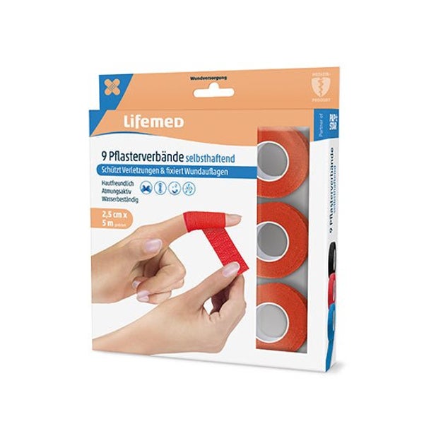 Lifemed Pflasterverbände selbsthaftend 5 m x 2,5 cm rot 9er Pack, 1 x 9 Stück 45 m