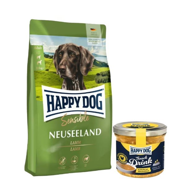Happy Dog Sensible Neuseeland + Happy Dog Snack Drink Hähnchen 13 kg