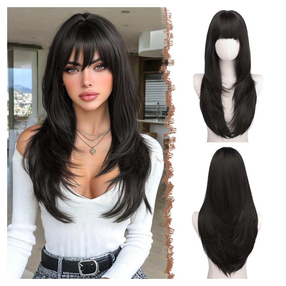 Perücke 60cm Layered Pony Synthetisch Gerade Glatt Schwarzbr 1 St