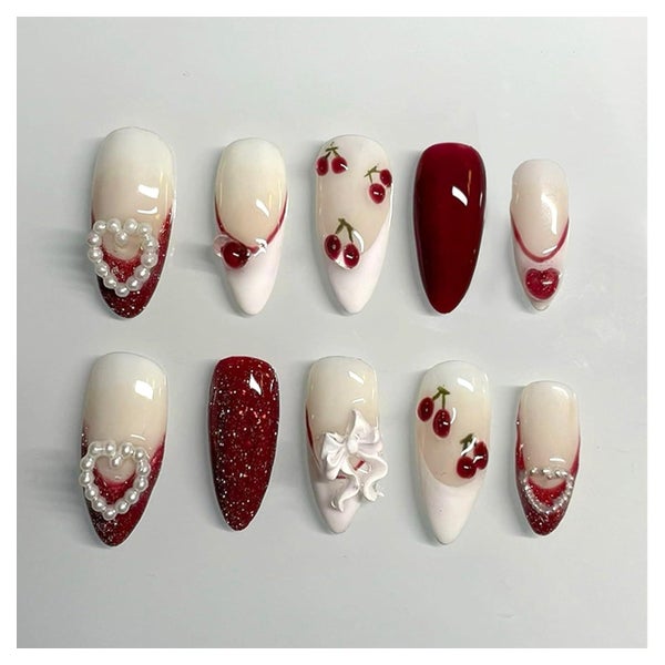 Press on Nägel 24er Set Kirsche Glossy Eckig Nagelkleber des 1 St