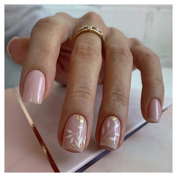 Falschnagel kurz squoval nude rosa weiß Blumen Glitzer mit K 1 St