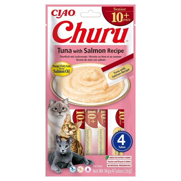 INABA Churu Cat Senior Tuna with Salmon 4x14g Cremiges Leckerli für ältere Katzen mit Thunfisch und Lachs 0,056 kg