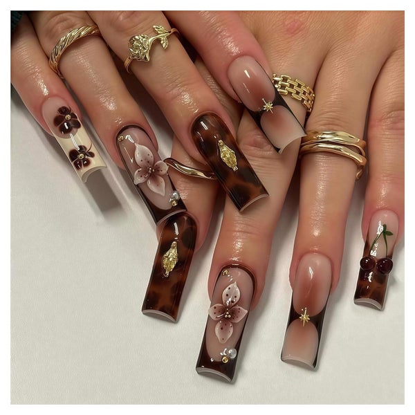 Press on Nagel 24er quadratisch braun Blumen 3D Gold wiederv 1 St