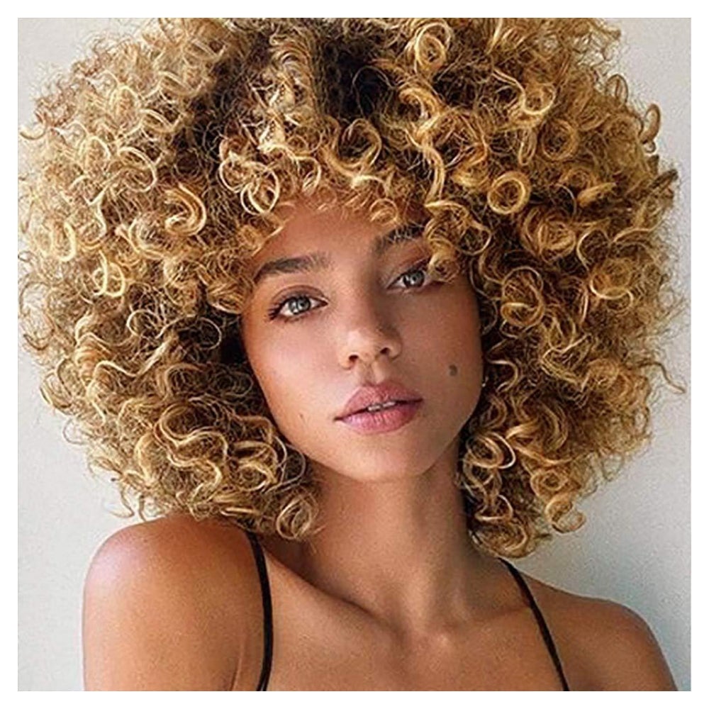 Perücke Afro Kinky Curly Kurz Pony Lockig Damen Blond braun 1 St