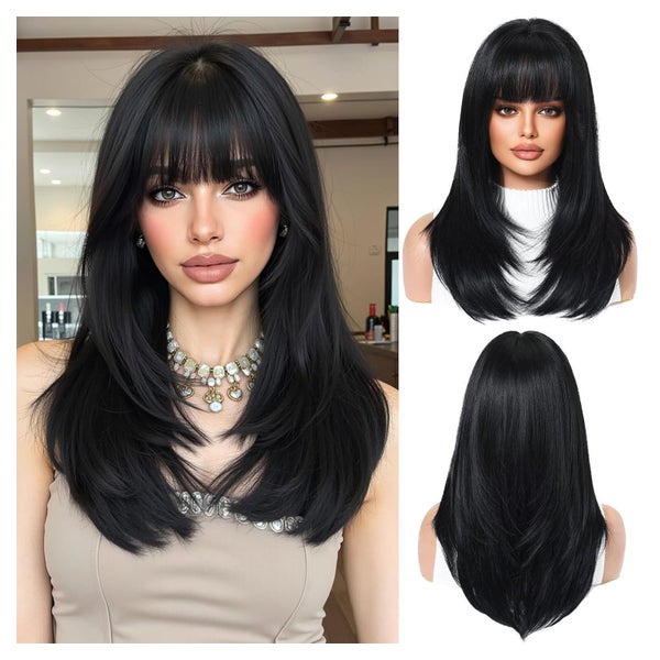 Perücke Damen Schwarz Mittellang Pony Synthetisch Schwarz(12 1 St
