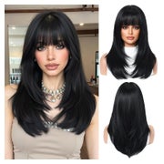 Perücke Damen Schwarz Mittellang Pony Synthetisch Schwarz(12 1 St