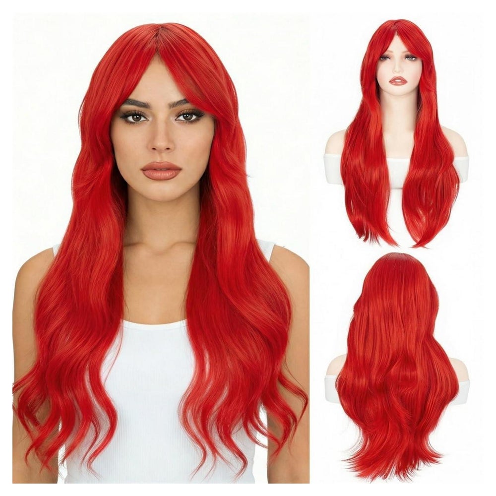 Perücke Damen Rot Pony 28 Zoll Lang Lockig 70 cm Natürliches 1 St