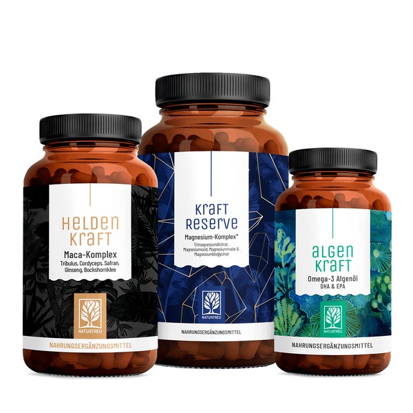 Alltagsheld Paket: Maca für den Mann, Magnesium & Omega 3 in einem veganen Bundle - HELDENKRAFT, KRAFTRESERVE & ALGENKRAFT - NATURTREU® 266.6 g
