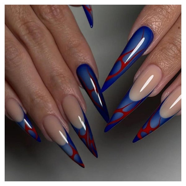 Künstliche Fingernägel Stiletto Lang French Blau Rot Gothic 1 St