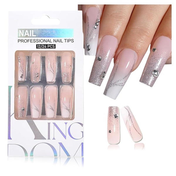 Künstliche Nägel 24 Coffin Rosa Weiß Gradient Glitter 1 ml ( 1 St