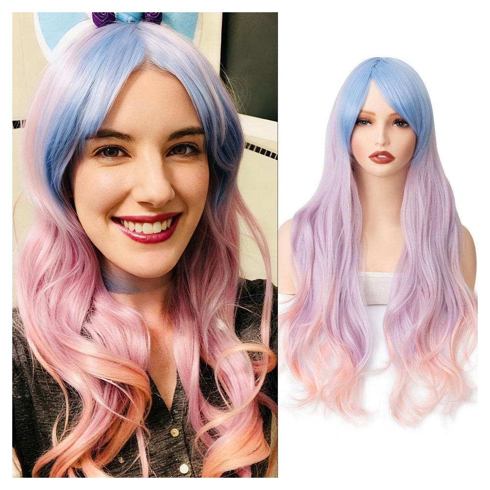 Perücke Lila Pony Kunsthaar Hellblau Rosa Violett mit Franse 1 St