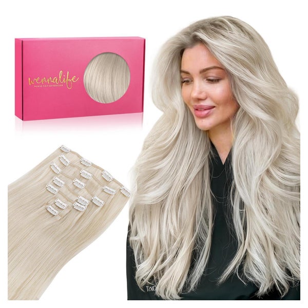 WENNALIFE Clip in Echthaar Extensions 35cm 120g Platinblond 7tlg Remy