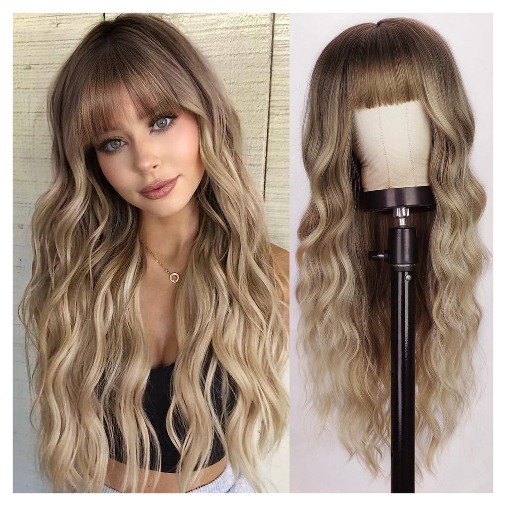 Perücke Damen Lang Gewellt 66cm Locken Pony Braun Ombre Blon 1 St