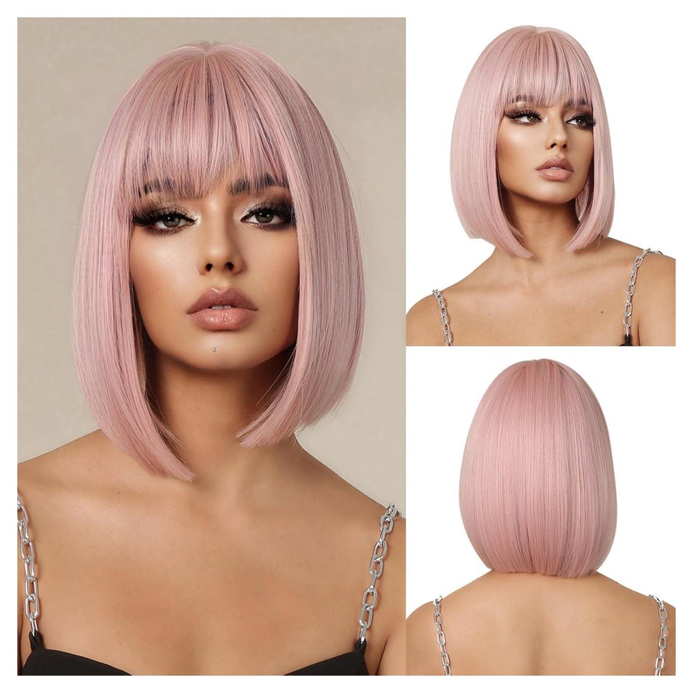 OUFEI Hell Rosa Bob Perücke mit Pony Synthetisches Haar für 1 St
