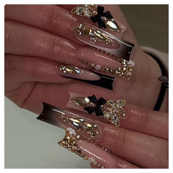 24x Lange Press on Nails Schwarz Gold Glitzer 3D Schmetterli 1 St