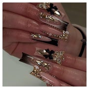 24x Lange Press on Nails Schwarz Gold Glitzer 3D Schmetterli 1 St