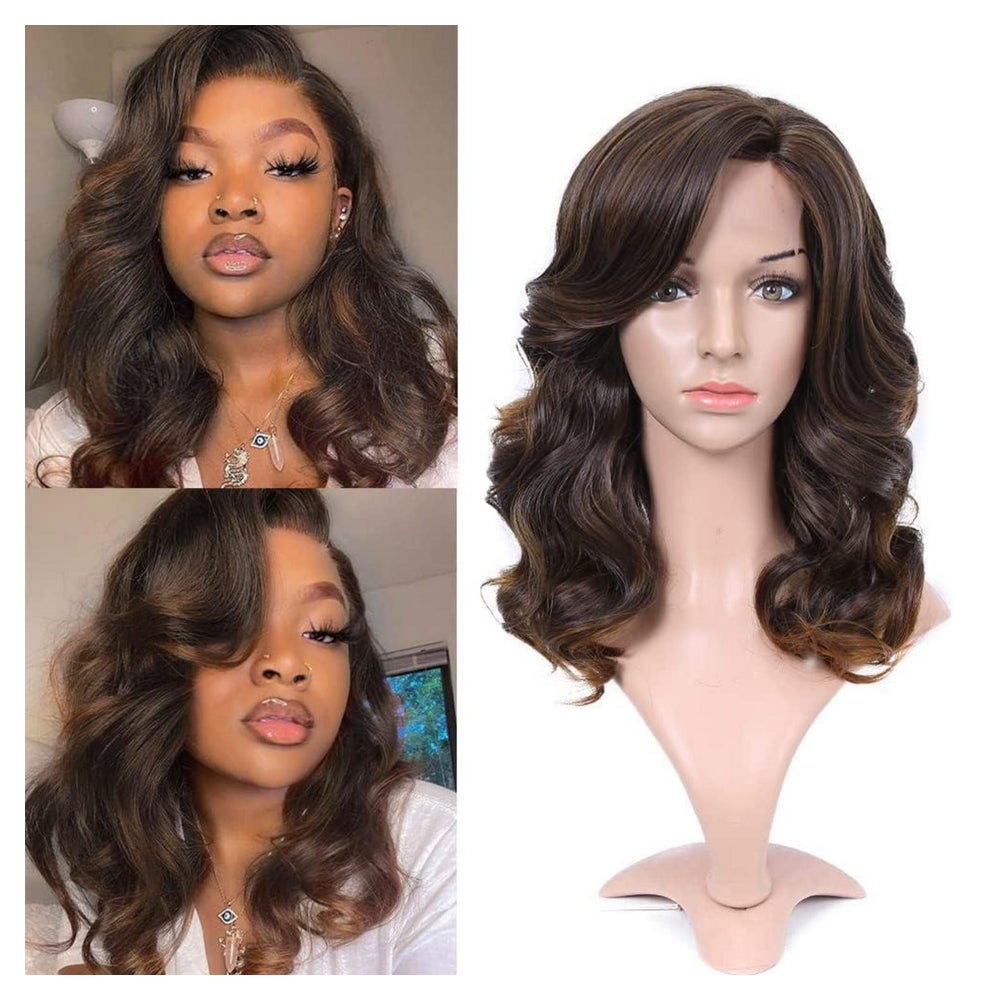 Perücke Lockig Bob Schwarz Synthetisch Spitze 16 inch Mixed 1 St