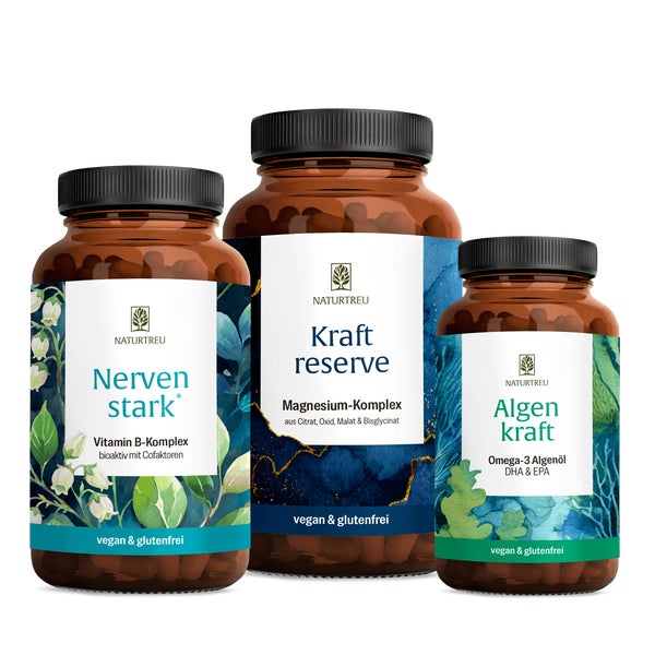 Durchstarter Paket: B-Vitamine, Magnesium & Omega 3 in einem veganen Bundle - NERVENSTARK, KRAFTRESERVE & ALGENKRAFT - NATURTREU® g