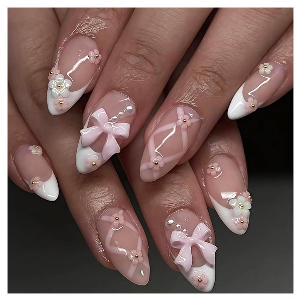 Falsche Nägel FullCover Mandel Pink Bow Flower French 1 ml ( 1 St