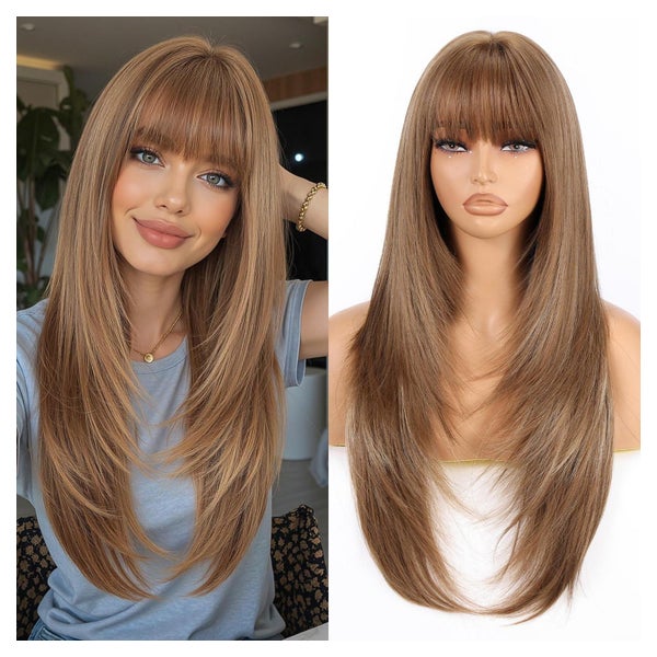 Perücke 26 Zoll lang gerade Pony Synthetik Highlight Hellbra 1 St