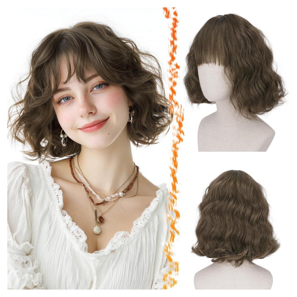 Perücke Kurz Bob Pony Lockig Synthetisch Mix Licht Braun 30c 1 St
