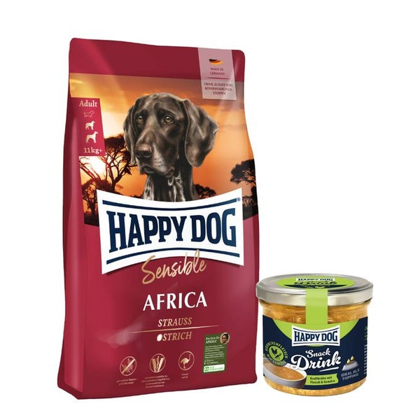 Happy Dog Sensible Africa + Happy Dog Snack Drink Hähnchen und Gemüse 13 kg