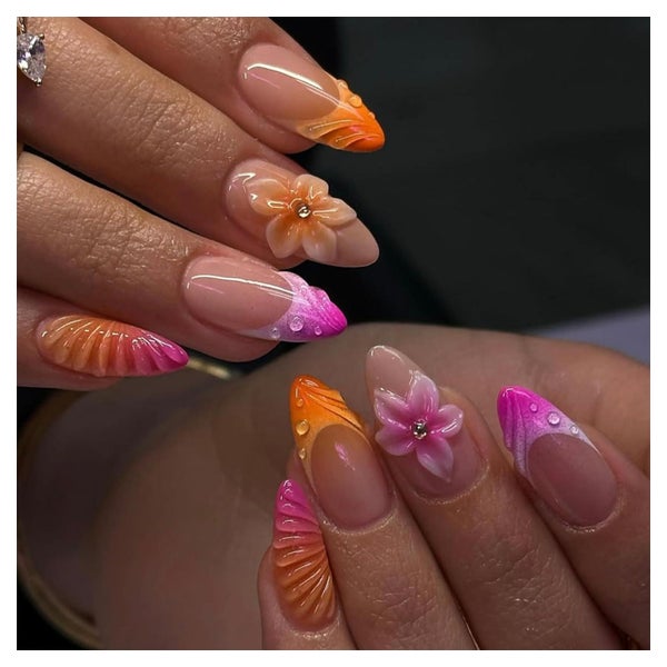 Press On Nägel 24 Stück Mandel French Tips 3D Blume Acryl st 1 St