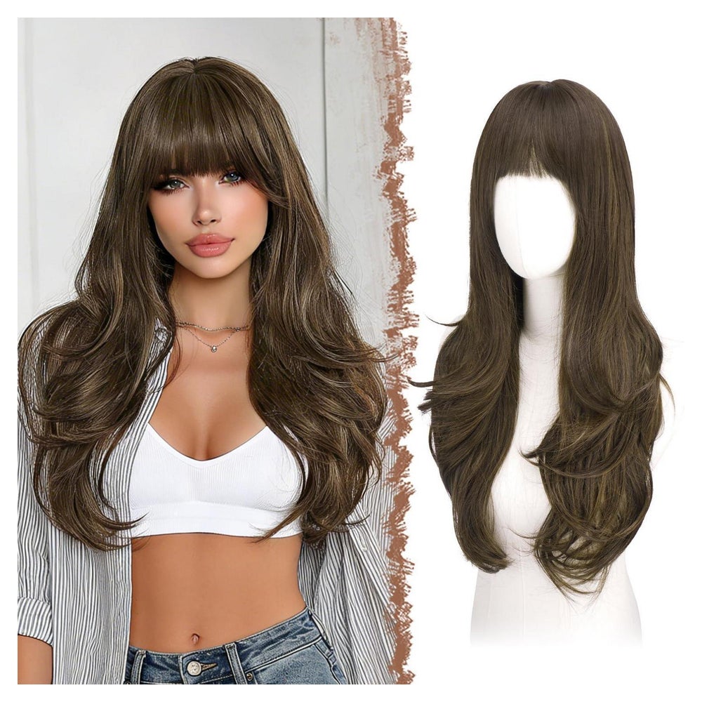 Perücke Pony Gestuft Damen Synthetik Braun mit Highlights 65 1 St
