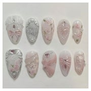 Fake Nails Kurz Mandel Rosa 3D Schmetterling Diamant Perle F 1 St