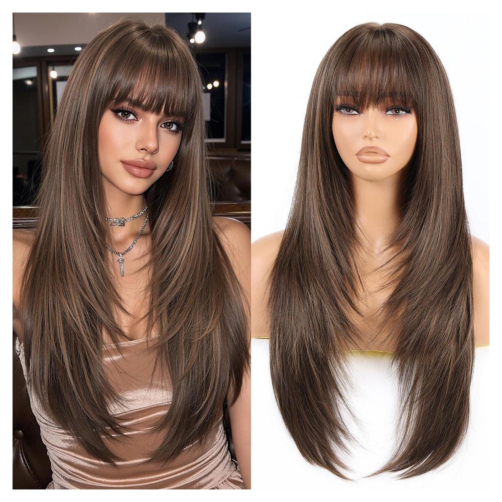 Perücke 26 Zoll gerade Stufen Pony Synthetik Highlight Dunke 1 St