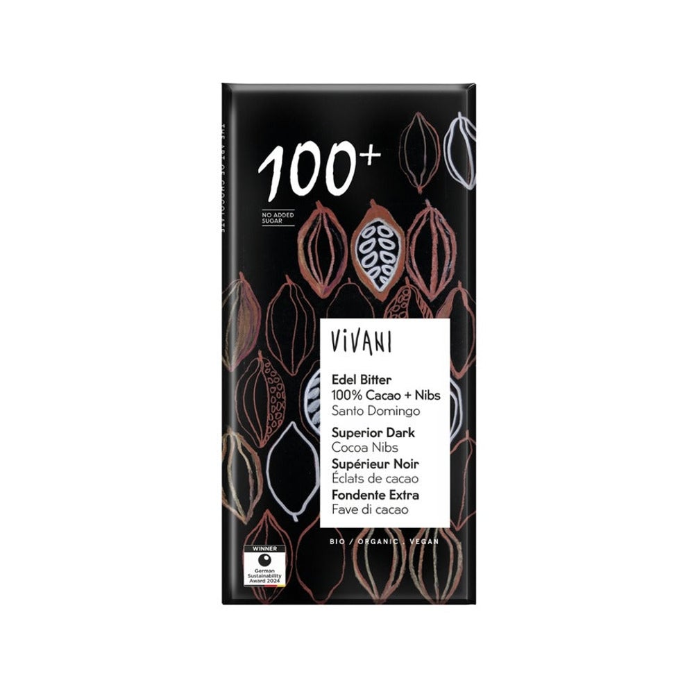 Vivani Edel Bitter 100% + Nibs Schokolade