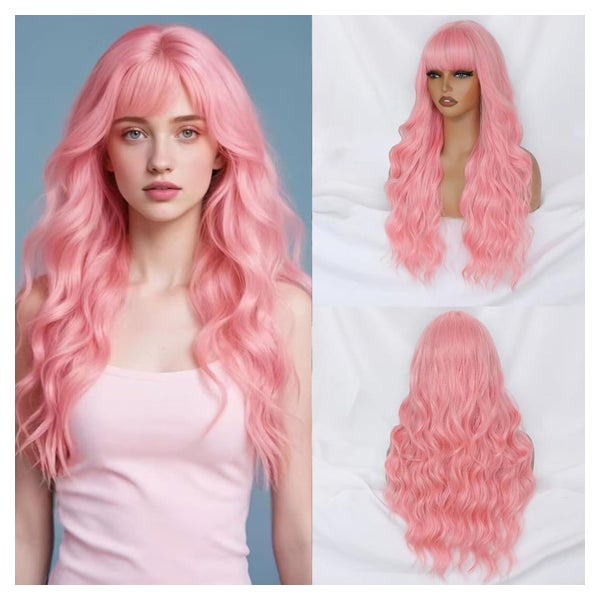 Creamily Rosa Perücke mit Pony, Lange Gewellte Kunsthaarperücke für Damen, 61 cm