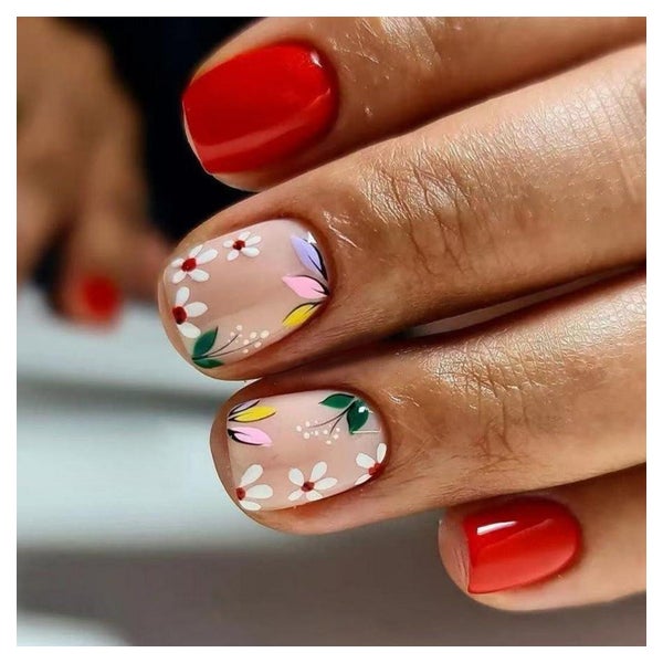 Press On Nails Kurz Square Rot Nude Blumen Nagelkleber FC20 1 St