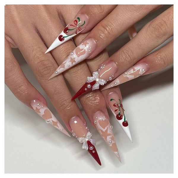 24 Stk. Stiletto Press-On Nägel Acryl 3D Kirschen Design Pin 1 St