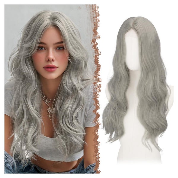Perücke Spitzenfront Wellig Synthetik Grau 60cm Grau-L 60 cm 1 St