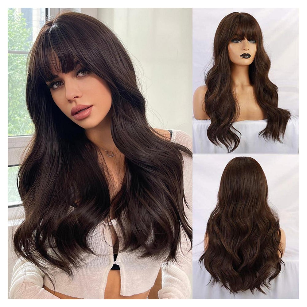 Perücke 24 Zoll Pony Locken Synthetik Hitzebeständig Dunkel 1 St