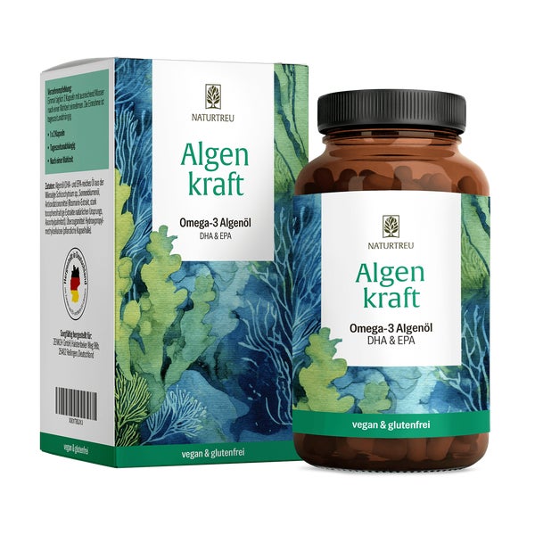Omega 3 Algenöl Kapseln - hochdosierte nachhaltige DHA & EPA Algenkulturen -  ALGENKRAFT - 60 vegane Kapseln - NATURTREU® 60 St