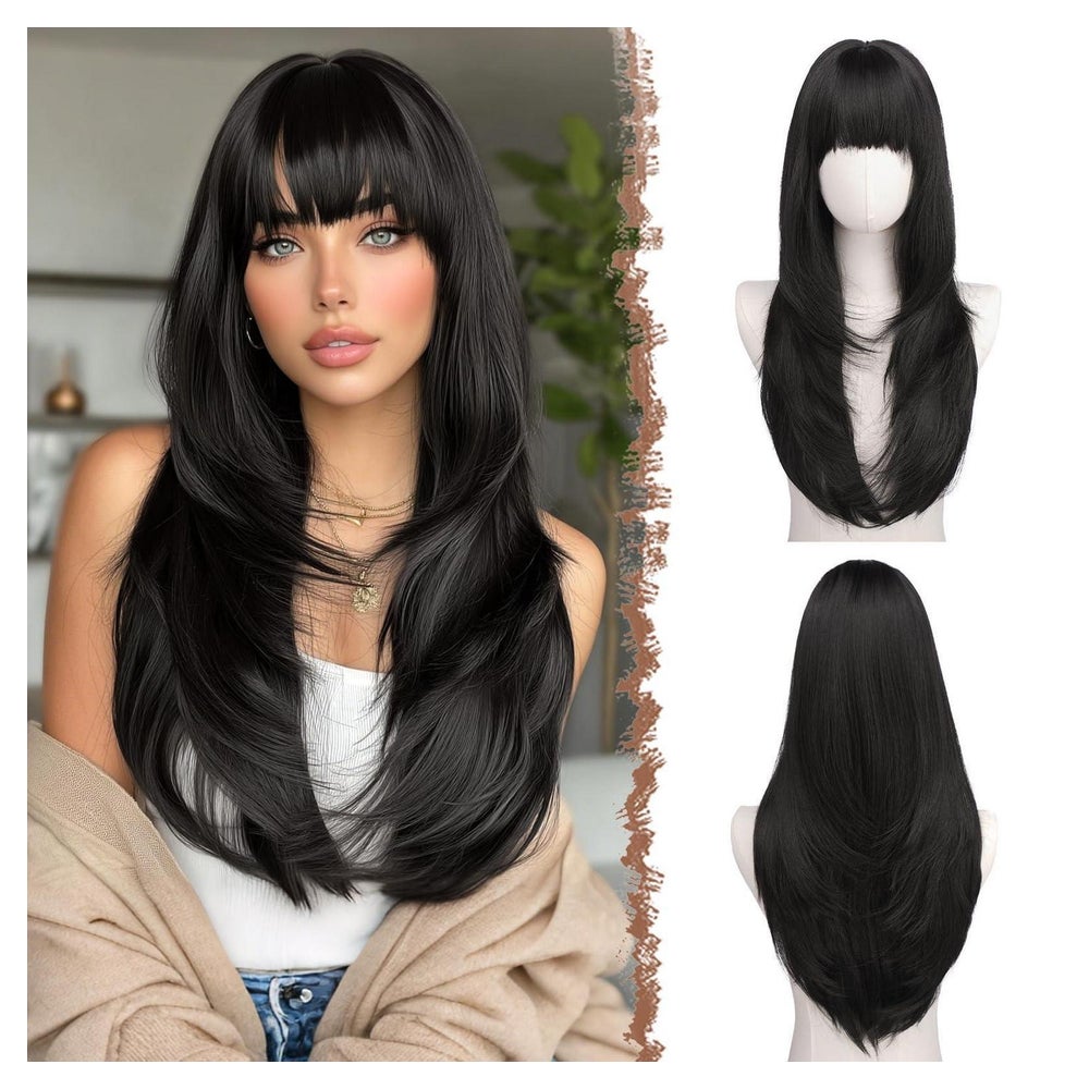 Perücke Schwarz Layered Pony 60cm Lang Synthetisch Natürlich 1 St