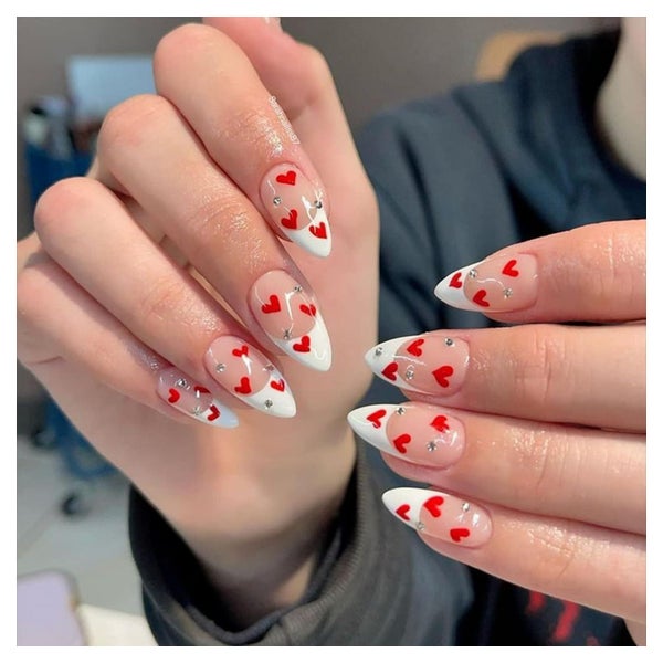 Kunstnägel 24 Stiletto Kurz Weiß French Rot Herz white&amp;h 1 St