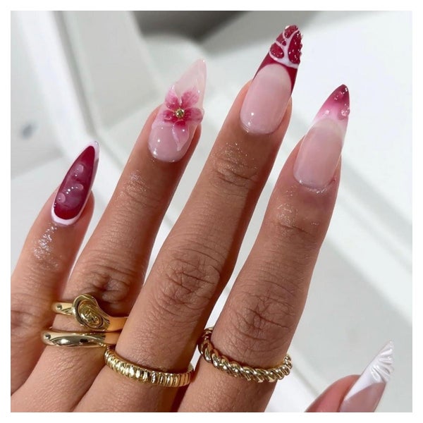 Künstliche Nägel Almond Weiß 3D Blumen French Nagelkleber FC 1 St