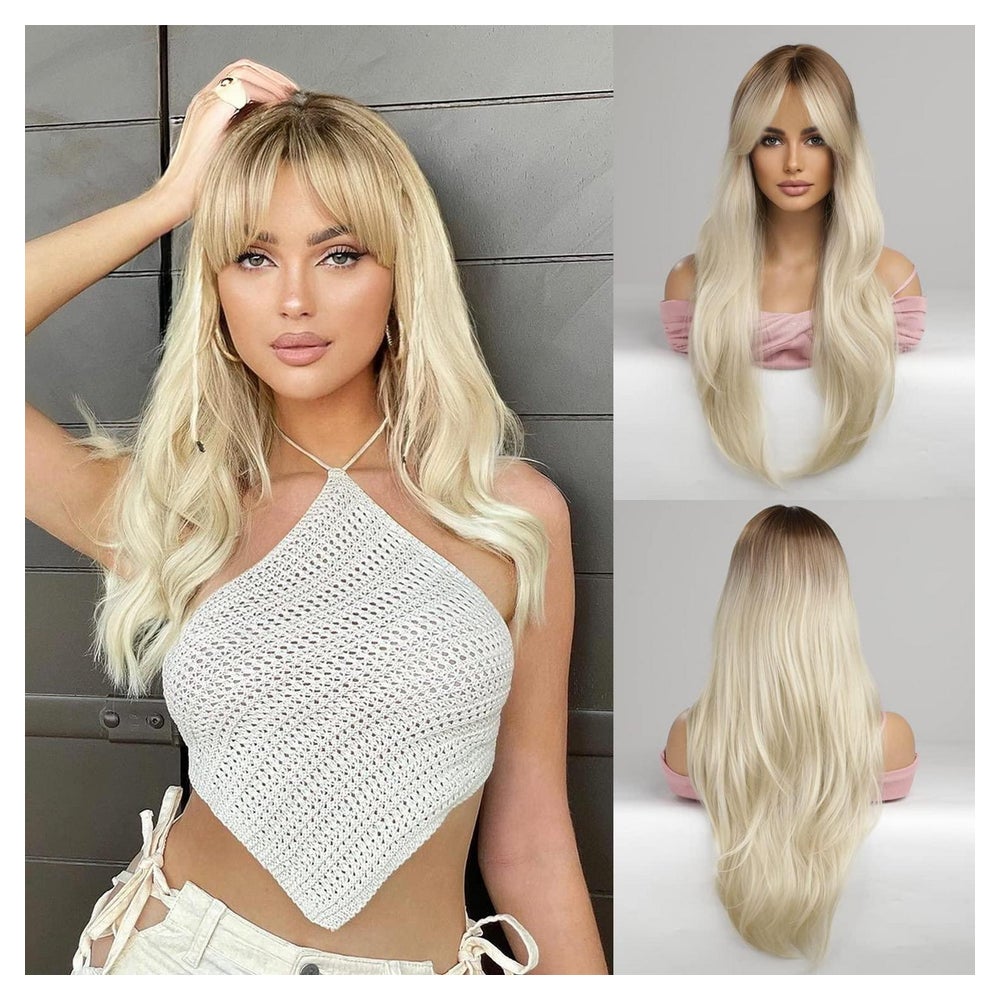 Perücke Platinblond Pony Ombre Lang Gerade Langes Kraus Plat 1 St