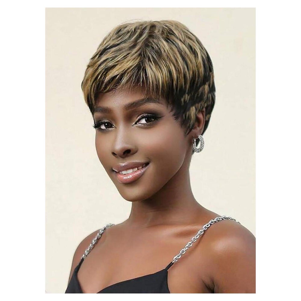 Perücke Pixie Cut Echthaar Pony Damen Schwarz gemischt blond 1 St
