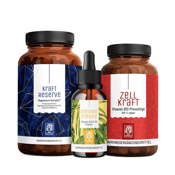 Sonnenkraft Paket: Magnesium, Vitamin D3 + K2 & Vitamin B12 in einem veganen Bundle - KRAFTRESERVE, SONNENFREUND & ZELLKRAFT - NATURTREU® 277.4 g
