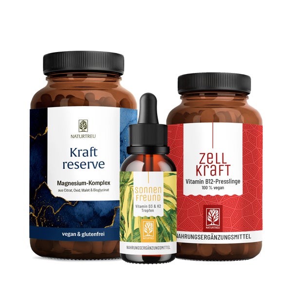 Sonnenkraft Paket: Magnesium, Vitamin D3 + K2 & Vitamin B12 in einem veganen Bundle - KRAFTRESERVE, SONNENFREUND & ZELLKRAFT - NATURTREU® g