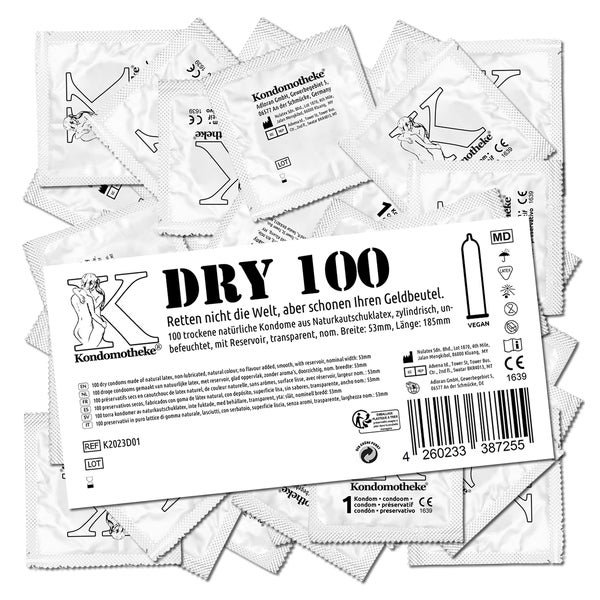 «DRY Kondome» – 100 Stück, 53 mm, vegan, ohne Gleitmittel (100 Kondome) 100 St