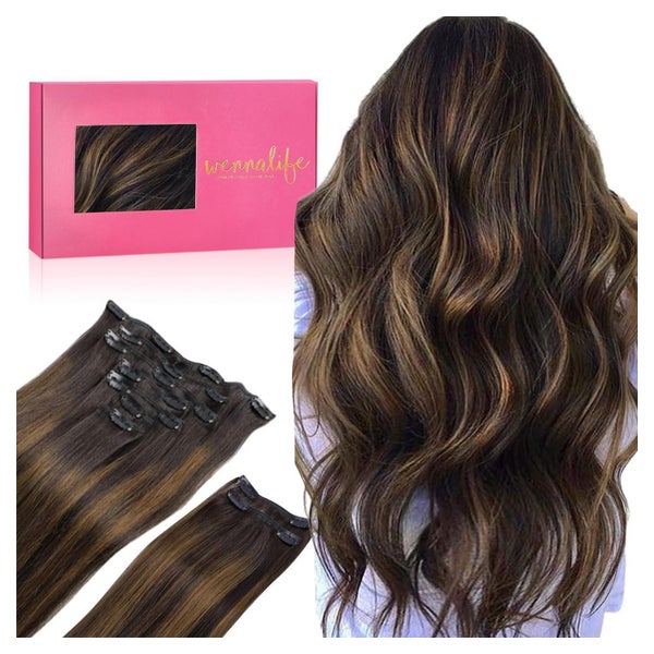WENNALIFE Clip-in Echthaarverlängerung Balayage Dunkelbraun bis Kastanienbraun