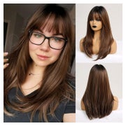HAIRCUBE Lange braune Damenperücke, synthetisch, hitzebeständig, mit Pony