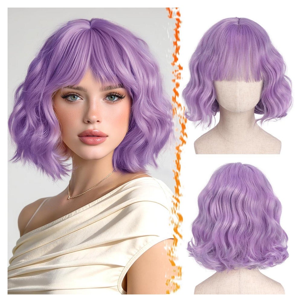 Perücke Damen Kurz Gewellt Synthetisch Bob Pony Lockig Lila 1 St